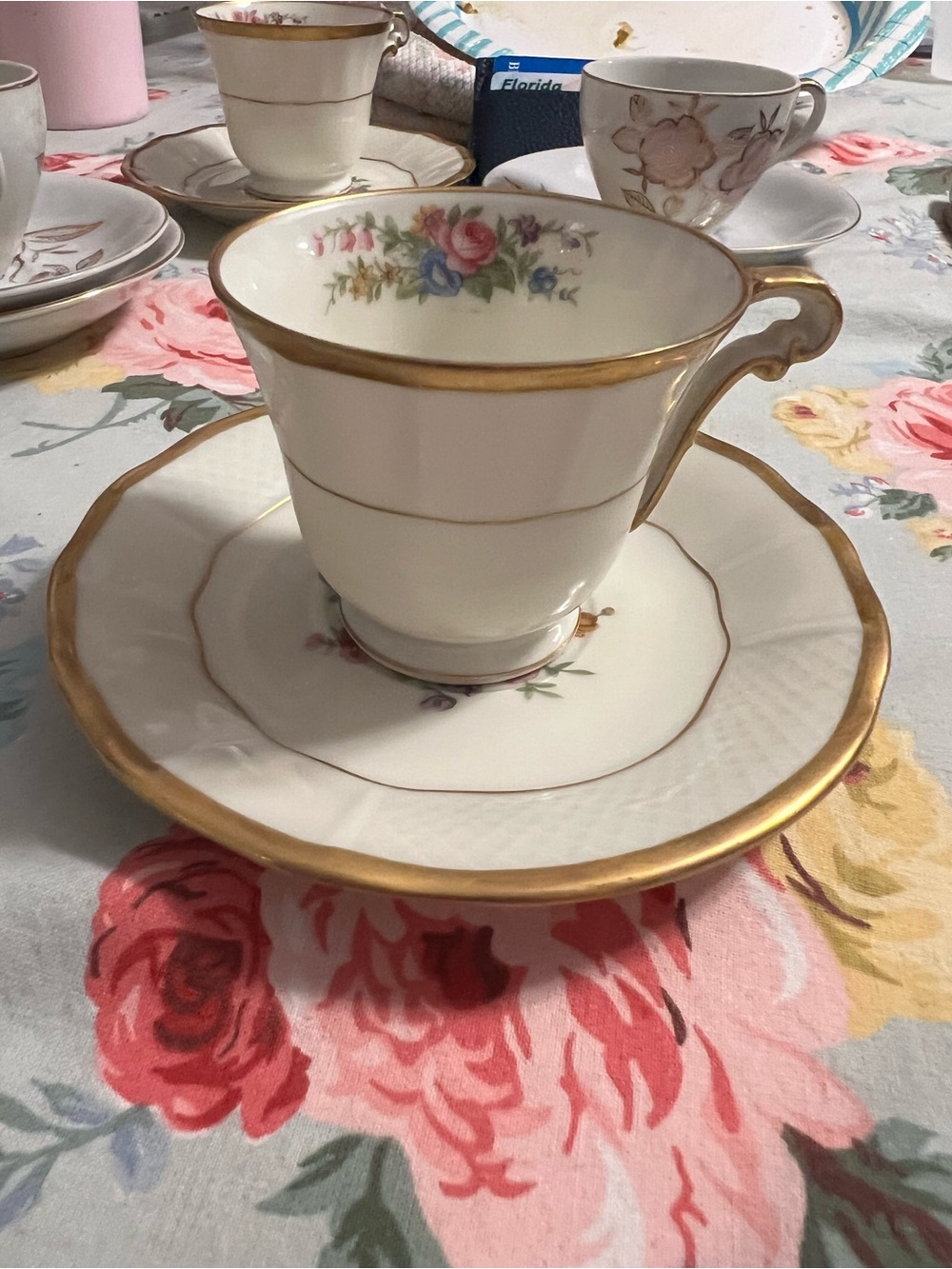 J. Bernardaud & Co Limoges Demitasse Cup & Saucer Gold Trim and Floral Interior